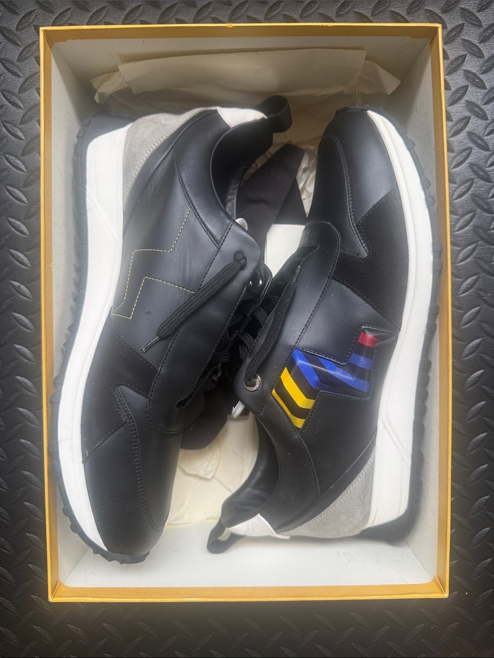 Fendi Black Leather Sneakers with Blue, Yellow & Red Accents